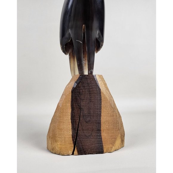 Crane Bird Hand Carved Horn Sculpture on Wood Base MCM Artist Marked - Picture 9 of 12
